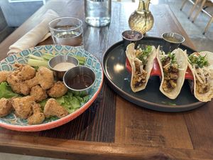 Cauliflower Tempura and Breakfast Tacos   at The Ginger Mule in Houston