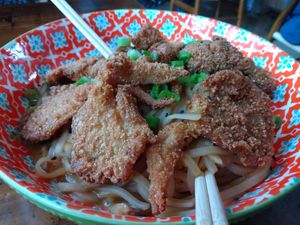 Tried the new Garlic Sesame Noodles topped with fried oyster mushrooms. So delicious! at The Ginger Mule in Houston