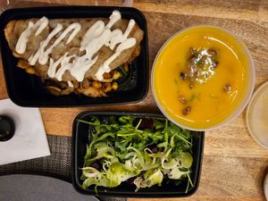 mushroom crêpe + arugula accoutrements & soup of the day at Candle in New York City