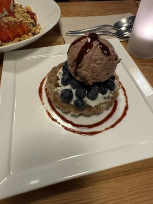 Live Blueberry Pie desert with Date Ice Cream on top.   at Candle in New York City