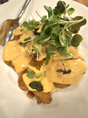 Breadcrumb-Coated Cauliflower on an Almond-Lemon ‘cheese’, topped with Buffalo ‘aioli’  at Candle in New York City