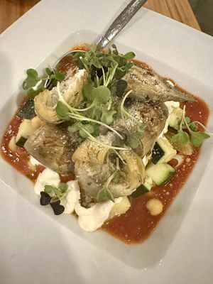 Parmesan Crispy Artichokes with chickpeas, red peppers, capers, leeks, zucchini and tomato sauce, with garlic truffle ‘aioli’    at Candle in New York City