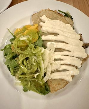Wild Mushroom Crepe with seasonal veggies, tempeh, spinach & garlic truffle ‘aioli’, and arugula, fennel orange salad    at Candle in New York City