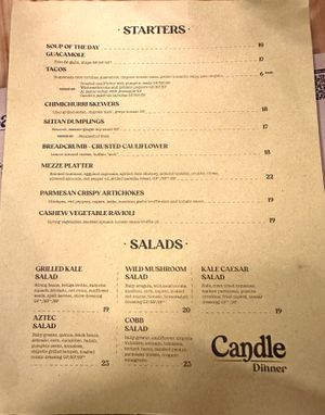 Menu: starters & salads  at Candle in New York City
