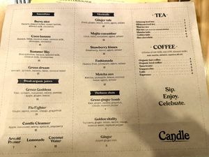 Menu: one side of drinks    at Candle in New York City