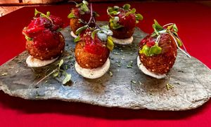 Watermelon crunchies with lime sauce and rice at Tribu de Fuego in Bogota