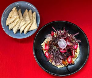 Hummus with pita at Tribu de Fuego in Bogota