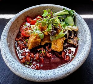 Fire ramen: crunchy tofu, vegetables and fideos at Tribu de Fuego in Bogota