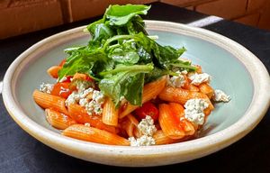 Spicy rigatoni with tofu cheese and Pomodoro sauce at Tribu de Fuego in Bogota