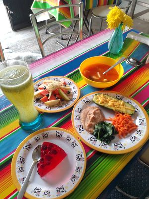 Calabaza rellena de queso. Incluye plato de quinoa, postre y medio litro de agua de sabor at Chamaca Vegana in Mexico City