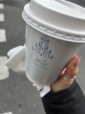 “Small” latte with sirup and Almond milk; really a fair price. 4.10€ while the cup is pretty big!  at Conte Coffee To Go in Graz