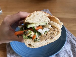 Vegan banh mi (halved) with pate, pickles and tofu  #Veganuary at Saveur de Bánh Mì in Berlin