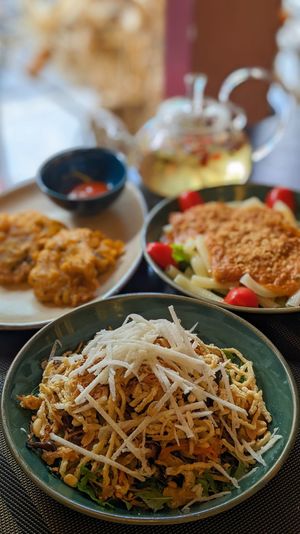 Vegan Healthy Black Garlic Vermicelli, Pasta with Peanut Mushroom Sauce, Angel Wings, Chamomile and Red Dried Apple Tea at Green Inn - Nhà hàng thuần chay in Hanoi