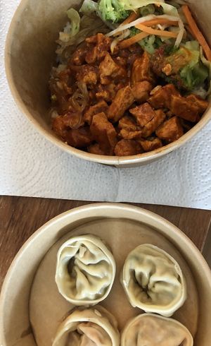 Tofu Cupbap, vegetable Mandu, Kimchi Mandu  at Cafe Ogam in Berlin