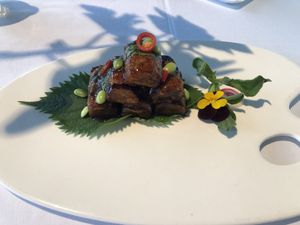 Caramelised aubergines with a mushroom coating  at King's Joy 京兆尹 in Beijing
