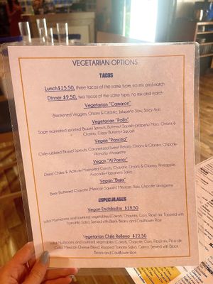 Vegan menu  at Mexican Bar Company in Plano
