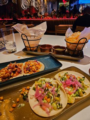 Baja Tacos on top, Pancita tacos on bottom. at Mexican Bar Company in Plano