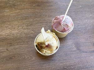 Vegan oat milk pineapple inside down cake flavour; and vegan hibiscus flavourr  at Kuld Creamery  in East Fremantle