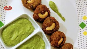 Kaju vada is a crispy and spicy Gujarati snack made with a filling of cashews, peanuts, and spices, coated with a batter of gram flour, and deep-fried. at Jagdish Farshan in Irving