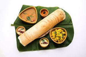 Mysore masala dosa is crisp and soft dosa spiced with red chutney and potato masala and served sambar, coconut and tomato chutney. at Jagdish Farshan in Irving