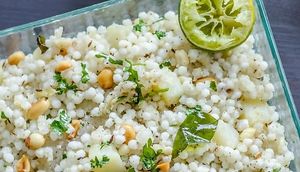 Sabudana Khichdi is a popular Indian breakfast or snack dish made with soaked tapioca pearls (sago), roasted peanuts, and flavored with spices and herbs. at Jagdish Farshan in Irving