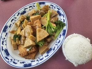 Double vegan protein! (Vegan chicken, tofu, broccoli, and mushrooms in garlic sauce) at Royal Dragon in Georgetown