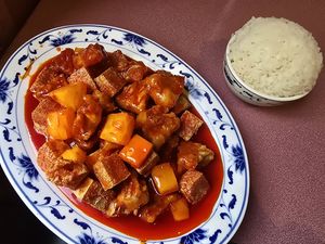 Pineapple tofu and vegan "chicken" at Royal Dragon in Georgetown