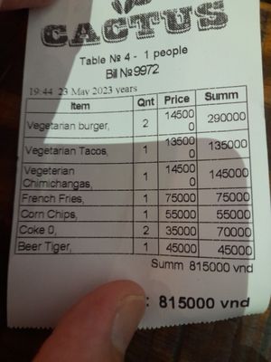 815.000 for subpar food. at Cactus Bogosov in Nha Trang