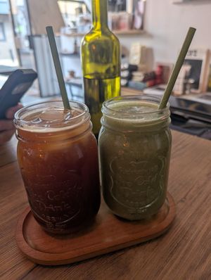 Iced Americano, Green Smoothie at Comewell's in North London