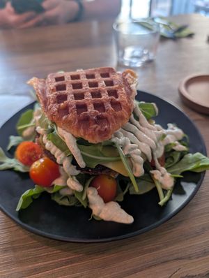 The portobello croffle burger at Comewell's in North London