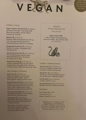 Vegan menu   at Mowgli  in Leicester