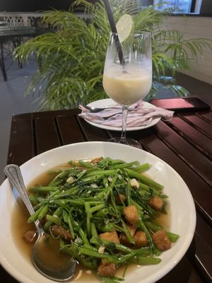 Morning glory with added tofu  at Le Panorama in Pakse