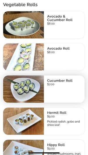 Dedicated vegan sushi portion of menu  at Kombu Sushi in Los Angeles