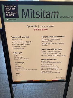 Seasonal menu. Note veggie sides and items that can be modified. (This isn’t the entire menu)  at Mitsitam Native Foods Cafe in Washington