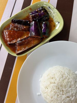 Delicious sambal eggplant with rice!  at Mia Cafe in Tioman Island