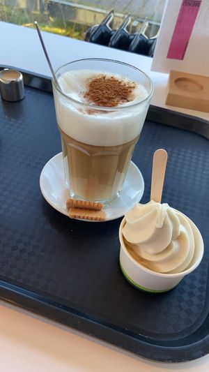 Pumpkin spice coffee and oatly soft serve   at Het Zaans Museum in Zaandam