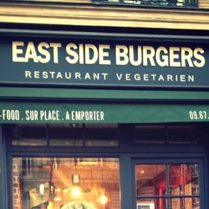 sign outside at East Side Burgers in Paris