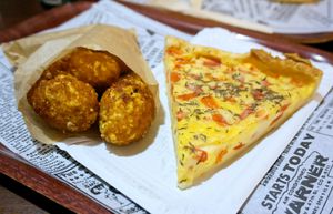 Quiche + Spicies (cheese/jalapeño croquettes) at East Side Burgers in Paris