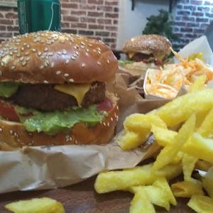 Beyond burger and Mexican burger in background  at East Side Burgers in Paris