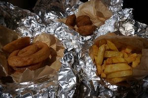 Onion rings + fries + millet croquettes at East Side Burgers in Paris