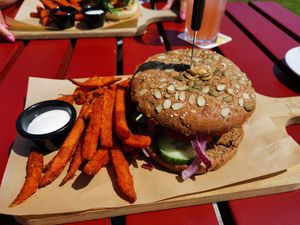 Vegan chik'n with sweat potato fries and extra jalapeños at Cafe Del Sol in Fulda