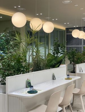 Clean green seating area  at Plantude - I'Park Mall Yongsan in Seoul
