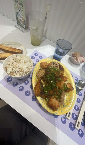 Spicy Fried Oyster Mushrooms and Tofu, Rice and garlic bread on the side   at Plantude - I'Park Mall Yongsan in Seoul