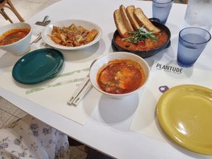 Get the tofu from hell with side dish of tomato soup at Plantude - I'Park Mall Yongsan in Seoul