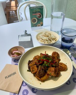 Fried mushrooms & tofu (lotus root and non spicy peppers) comes with a side of pickles. Ordered rice separately   at Plantude - I'Park Mall Yongsan in Seoul