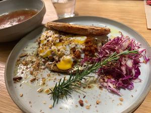 Herb taco sandwich and soup of the day. Quite tasty!  at Good Green Things in Tokyo