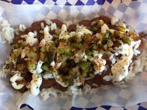 Vegan Andouille with red beans, rice, creole mix and vegan mayo.  at Dreamy Weenies in New Orleans