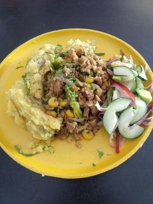 Mashed potatoes, salad, mix of soy protein and veggies at María Candela  in Bogota
