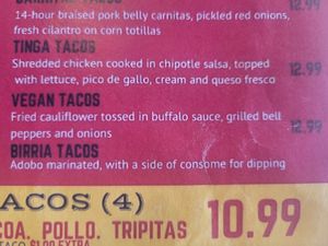 Vegan tacos also listed on other side at Mr. Taco Cantina in Galveston