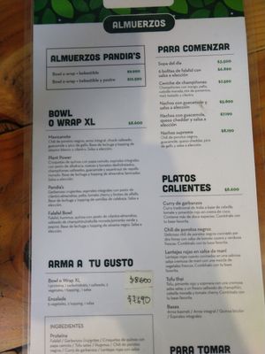 Menu at Pandia's Kitchen in Santiago